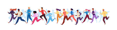 Marathon Race. Running Men and Women in Tracksuits. Colored Isolated Trendy Characters Sportsmen. Vector Flat Cartoon Illustration.のイラスト素材