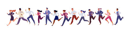 Group Runners Isolated on White Background. Lifestyle of Business Busy People, Businessmen. Rivalry Between Man and Woman. Vector Stripe Cartoon Illustration.のイラスト素材