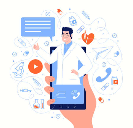 Doctor on smartphone screen in messenger chat. Online medical services, consultations, support. Vector flat cartoon illustration.のイラスト素材