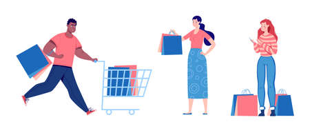 Set of people shopping. People with packages and shopping. Men and women, vanity, sale. Vector. Illustration in a flat cartoon style.のイラスト素材
