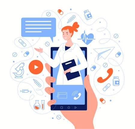 Doctor on smartphone screen in messenger chat. Online medical services, consultations, support. Vector flat cartoon illustration.のイラスト素材