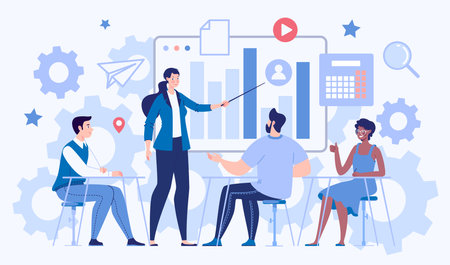 Courses, Training, Leadership Development. Business Concept. Teamwork, Collaboration, Partnership, Collective Thinking, Brainstorming, Meetings, Presentations, Negotiations.のイラスト素材