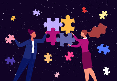 Teamwork. Interaction of partners and colleagues, problem solving. The concept of creating a business system and building a team. Flat illustration. Business people put together a puzzle.のイラスト素材