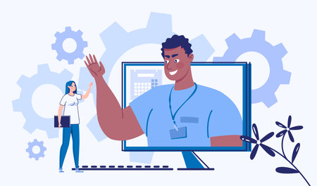 E-learning, online learning, barrier-free education accessible to everyone. Web courses or tutorials, educational blog, video conferencing, telecommuting, chatting with friends, consulting.のイラスト素材