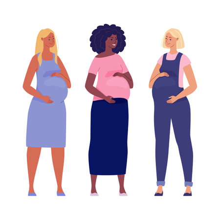 Set of beautiful pregnant women hugging their big bellies. Illustration. Vector in a flat cartoon style.のイラスト素材