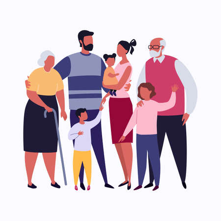 Big Family Together. Vector Illustration in Flat Cartoon Style.のイラスト素材