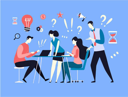 The concept of a friendly partnership atmosphere in a team, solving problems, achieving common goals. Vector illustration, flat cartoon design.のイラスト素材