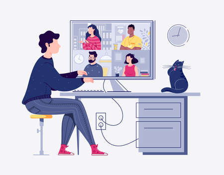 Videoconference, webinar. The concept of online meetings. Vector. Flat cartoon style. Illustration.のイラスト素材