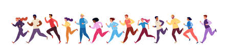 Marathon Race. Running Men and Women in Tracksuits. Colored Isolated Trendy Characters Sportsmen. Vector Flat Cartoon Illustration.のイラスト素材