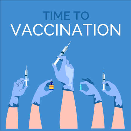 Hands of Doctors with Syringes, Ampul, Bottle of Vaccine. Blue Latex Gloves. Time to Vaccination. Vector Illustration.のイラスト素材