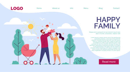 Happy Family Father, Mother and Baby in the Background of Nature and the Shining Sun. Template Design with Text, Button. Vector Illustration in Flat Cartoon Style.のイラスト素材