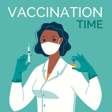 Doctor in mask, latex gloves with syringe and vaccine in his hands. Vaccination time. Vector illustration. Cartoon. Flat.のイラスト素材