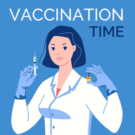 Doctor in latex gloves with syringe and vaccine in his hands. Vaccination time. Vector. Illustration. Flat. Cartoonのイラスト素材