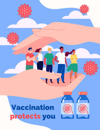 Vaccination concept. Hands protect people from the virus. Men and women queuing up for the vaccine. Vector illustration in flat cartoon style.のイラスト素材