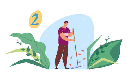People are gardening. The man works in the garden.のイラスト素材