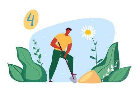 Work in the garden or park. Gardener character drips the ground, plants plants.のイラスト素材
