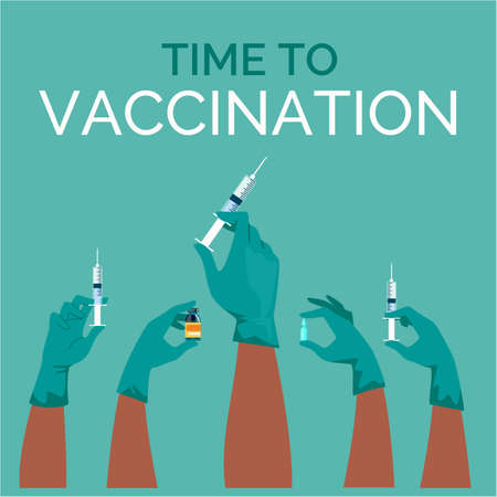 Hands of Doctors with Syringes, Ampul, Bottle of Vaccine. Blue Latex Gloves. Time to Vaccination. Vector Illustration.のイラスト素材