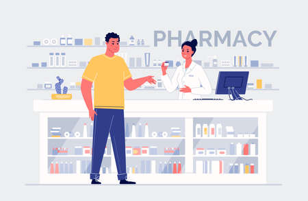 Cartoon Characters Pharmacist and Customer Standing at the Counter with Medicines. Medical Healthcare Concept. Color Vector Illustration.のイラスト素材