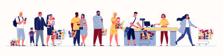 Customers line up at the supermarket checkout. Couples, families, students, businessmen, all kinds of people shop. Colored vector illustration in flat cartoon style.のイラスト素材