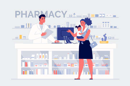A woman with a child buys medicines from a friendly pharmacist at the pharmacy. Health care concept. Colored vector illustration in flat cartoon style.のイラスト素材