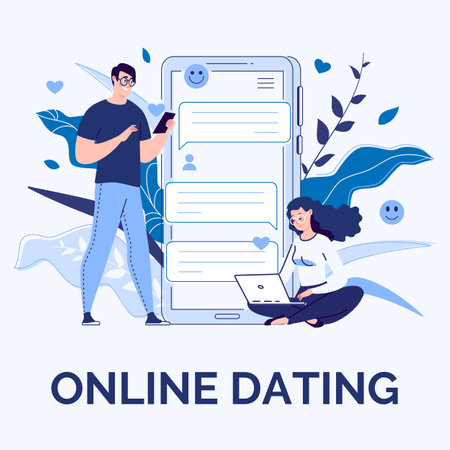 Modern Online Communication. Happy people are typing on the phone, sending emoticons and likes. Vector illustration.のイラスト素材