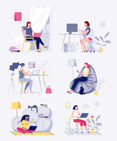 Freelance people. Set of illustrations of characters, young people work at home on the computer. Interiors at home, coworking. The concept of self-employment. Vector. Flat cartoon style. Illustration.のイラスト素材