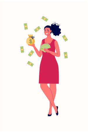 The concept of financial independence, success, winning, luck. A young cheerful woman holds a fan with green bills and a bag of money in her hands. Lots of cash. Vector flat cartoon illustration.のイラスト素材