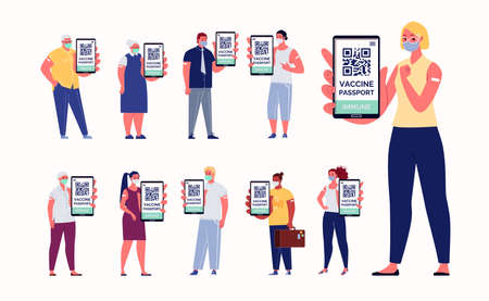 Vaccinated People Characters. Students, Pensioners, Businessmen, Men and Women are Holding...