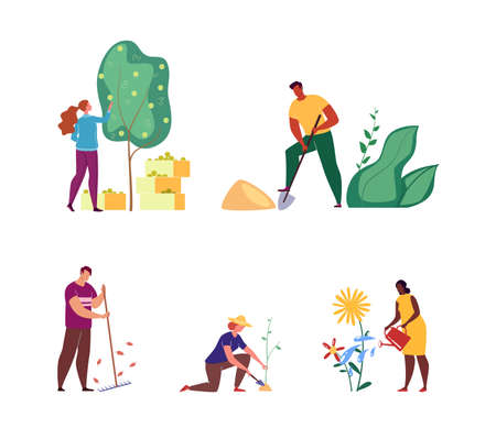 Work in the park, garden, landscape design, planting young trees, landscaping. Vector illustration in flat cartoon style.のイラスト素材