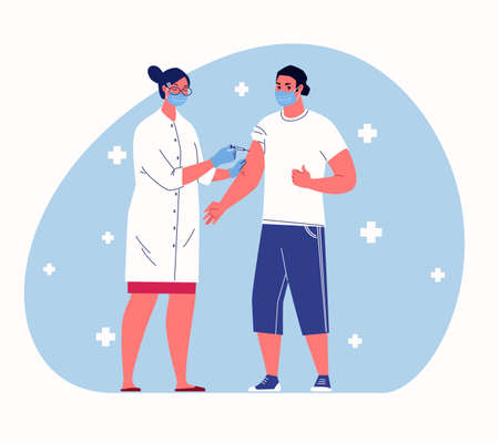 Concept of herd immunity during epidemic. Female doctor gives patient injection in shoulder. Vector cartoon style illustration with people characters.のイラスト素材