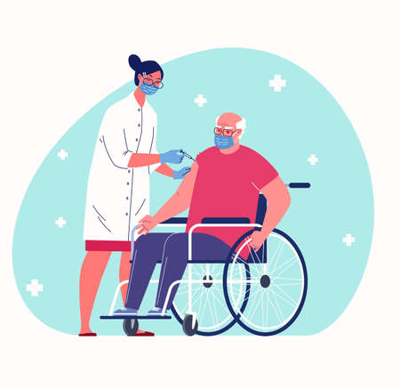 Fighting Pandemic with Vaccinations. Vector cartoon style illustration with people characters.のイラスト素材