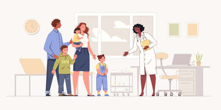 Family turned to pediatrician for help. doctor's office. Health care concept, healthy childhood, vaccination time. Flat vector illustration with adults and children characters.のイラスト素材