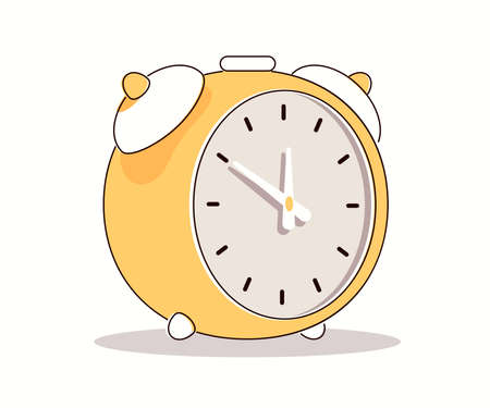 Desktop retro alarm clock with call. Classic timer isolated on white background. Clock face with arrows indicating the time 11:50 (eleven fifty) Flat cartoon vector.のイラスト素材