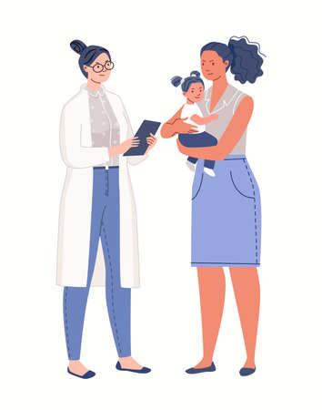 Pediatrics concept, healthy childhood. Doctor is talking to mother holding child in her arms. Planned medicine. Characters of illustration isolated on white background. Flat cartoon vector.のイラスト素材
