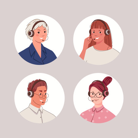 Customer service representative, hotline operators advise client. Call processing system. Vector flat cartoon illustration with set of avatars of people in headphones with microphone.のイラスト素材