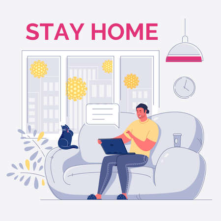 businessman working from home. Modern young man sits on sofa and uses laptop. Time planning concept. Flat vector illustration.のイラスト素材