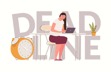 Businesswoman working overtime trying to meet deadline. Overwork, stress due to improperly planned time. Flat vector illustration. cartoon characters.のイラスト素材