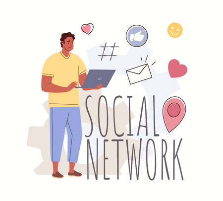 Guy likes posts, browse sites, searches for information, sends messages, communicates through social networks. internet user concept. Vector characters flat cartoon illustration.のイラスト素材