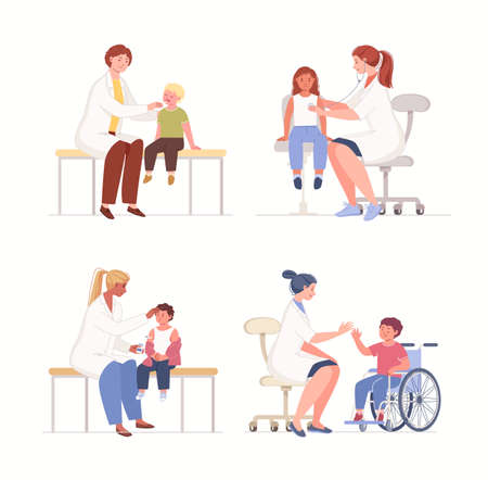 Set of illustrations "Children at Doctor" on white background. Collection of various scenes ofians pediatric examining and consulting patients. Flat cartoon vector characters.のイラスト素材