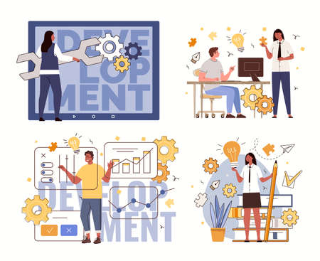 Set of business illustrations. Design and web development, software. Male and female characters of creative and digital professions. Vector flat cartoon.のイラスト素材