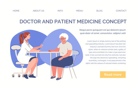 Geriatric doctor prescribes medicine to old woman. health center. Nursing care of the elderly patient. Website, template, landing page. Vector characters flat cartoon illustration.のイラスト素材