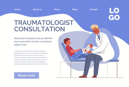 Doctor helps small patient with leg injury. Surgeon applied plaster cast. Broken limb. Vector characters flat cartoon illustration. Web template, landing page, website.のイラスト素材