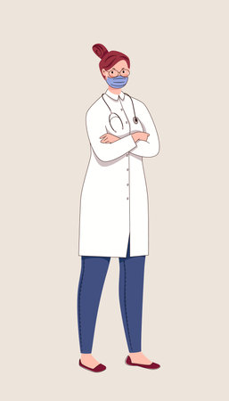Portrait of doctor with crossed arms on his chest. Hospital worker in lab coat, smile under mask (turn off layer). Character illustration isolated on white background. flat cartoonのイラスト素材