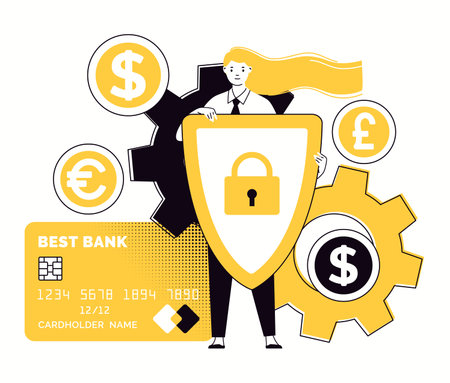 Security of storage of cash deposits, funds, protection of banking operations. Vector characters flat cartoon illustration.のイラスト素材
