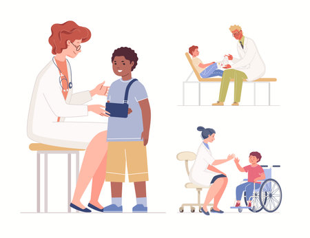 Children with injuries on examination by doctor Pediatrician psychologically supports boy in wheelchair. Surgeon applies bandage to child's injured arm Traumatology examines child'のイラスト素材