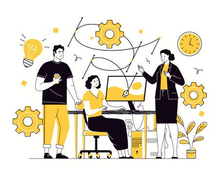 Designer-illustrator, creative artist works in graphic editor and discusses with colleagues in studio or clients implementation of idea in project. Vector characters flat cartoon iのイラスト素材