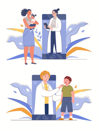 Medical online consultation concept. Ask physician. family doctor. Therapeutic diagnostics via Internet. Mother and child are talking, consulting with pediatrician on phone. Vectorのイラスト素材