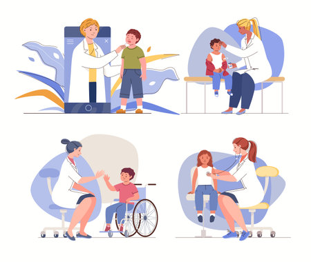 Set of illustrations "Children at the doctor" on a white background. Collection of various scenes ofians pediatric examining and consulting patients. Flat cartoon vector charactersのイラスト素材