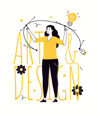 vector computer graphics designer. Pen tool cursor. Curve control points. Flat color illustration of cartoon character.のイラスト素材