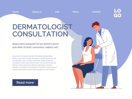 Concept of healthcare and medicine, dermatology. Dermatologist doctor holds magnifying glass over patient's skin. Woman at reception in physician's office. vector flat illustrationのイラスト素材